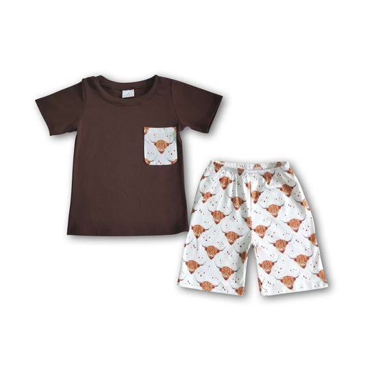 Cartoon Bull Head Brown Short Sleeve Suit