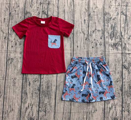 BSSO0519Baby Boys 4th Of July Dinosaurs Pocket Shirts Shorts Clothes Sets Preorder