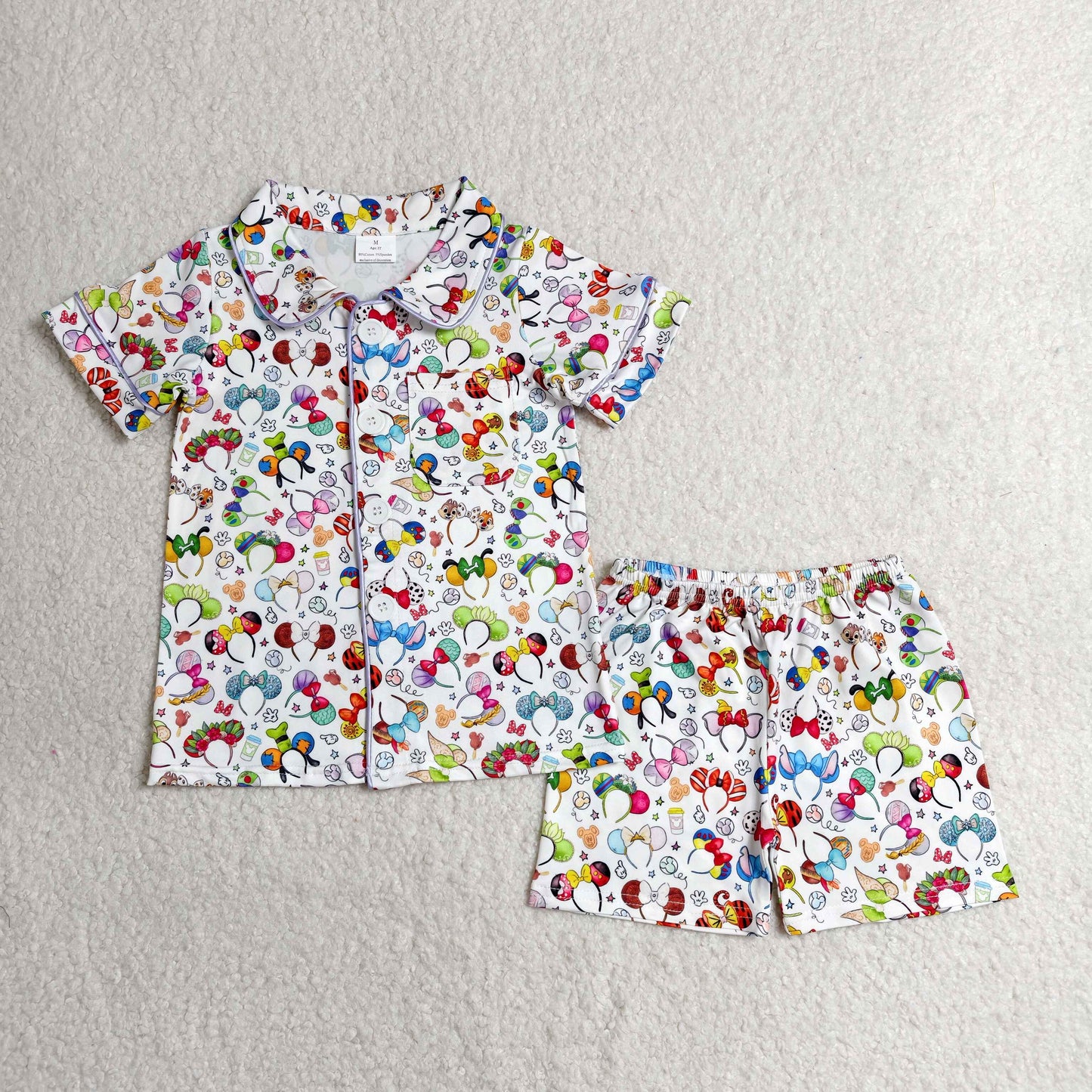RTS NO MOQ milk silk BSSO0816 Baby Girls Cartoon Mouses Button Shirt Pocket Top Shorts Pajamas Clothes Sets