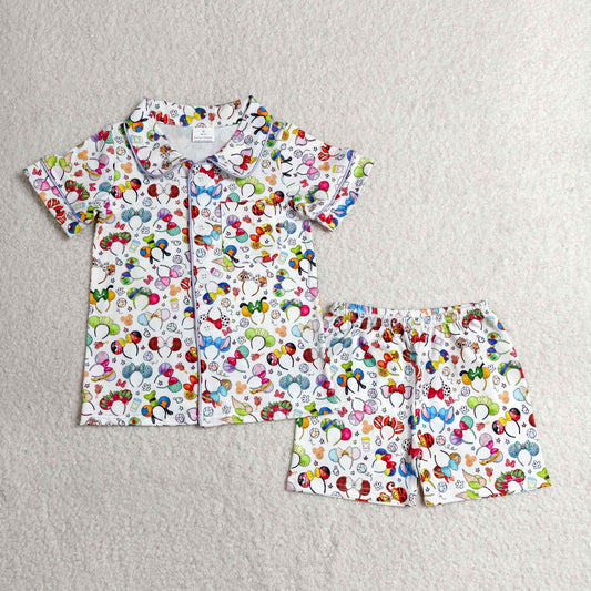 RTS NO MOQ milk silk BSSO0816 Baby Girls Cartoon Mouses Button Shirt Pocket Top Shorts Pajamas Clothes Sets