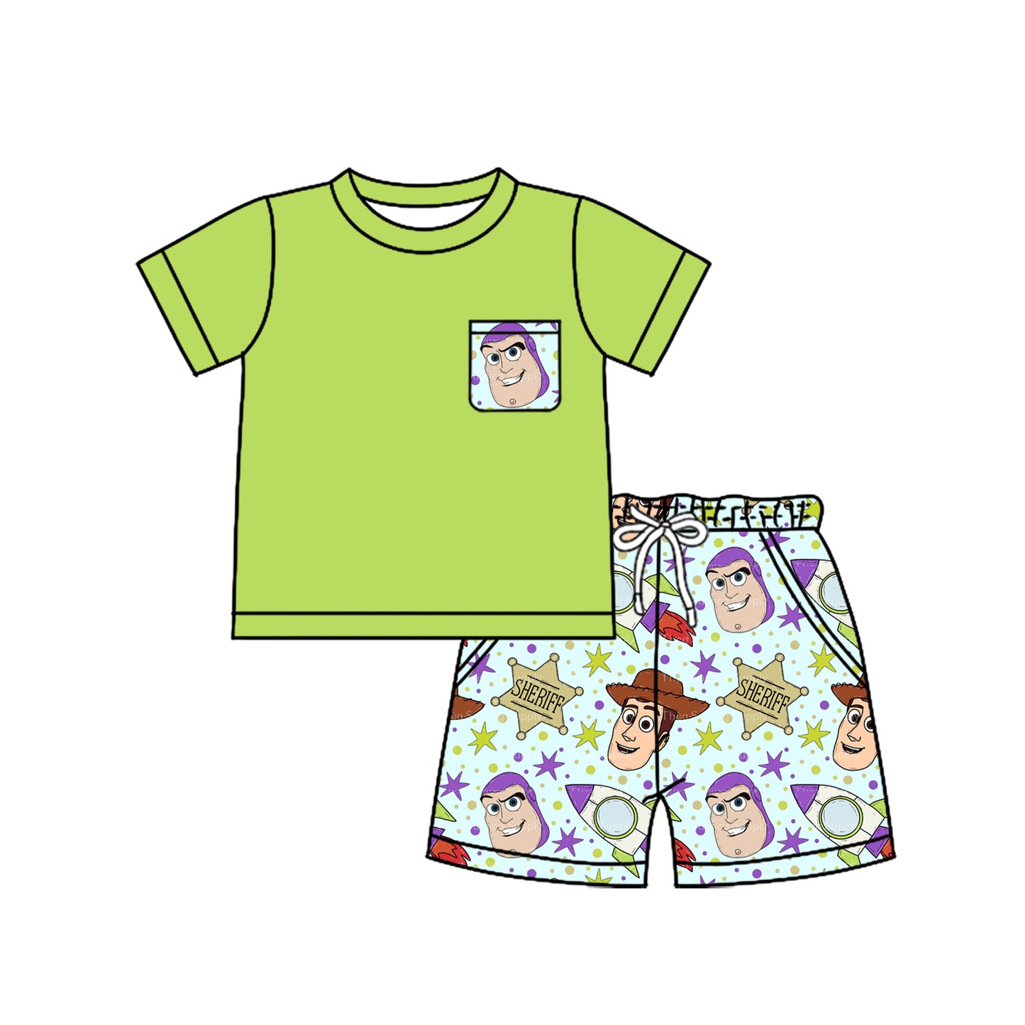 3.1BSSO1370 Green cartoon short-sleeved suit