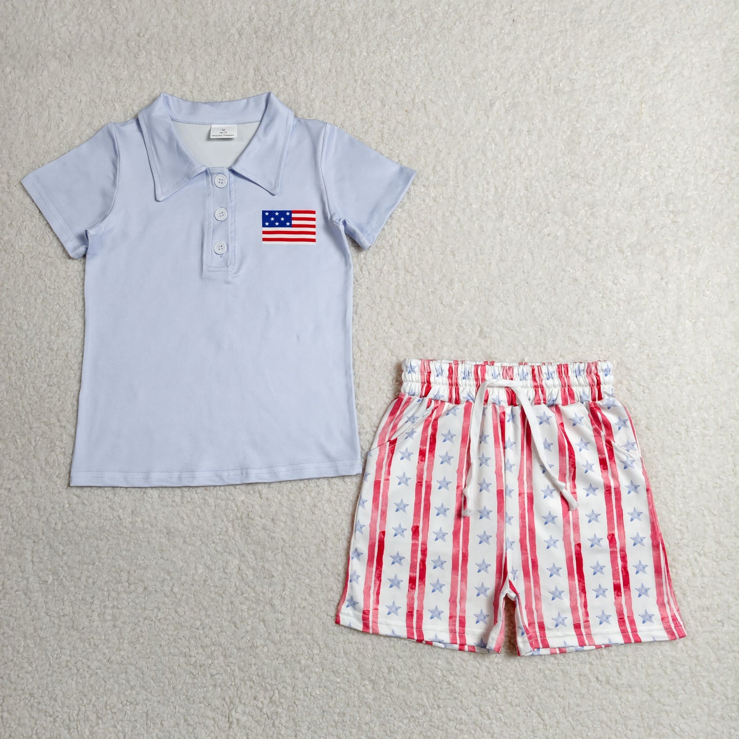 RTS NO MOQ milk silk BSSO1480 Baby Boys Flag Button Polo Shirt Top Pockets Stripe Short 4th Of July Clothes Set