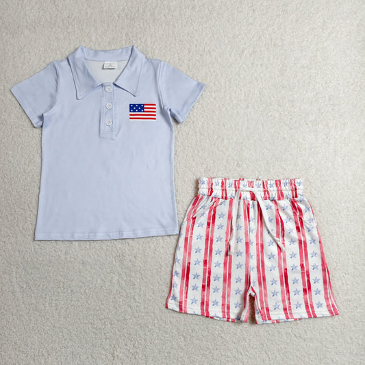RTS NO MOQ milk silk BSSO1480 Baby Boys Flag Button Polo Shirt Top Pockets Stripe Short 4th Of July Clothes Set