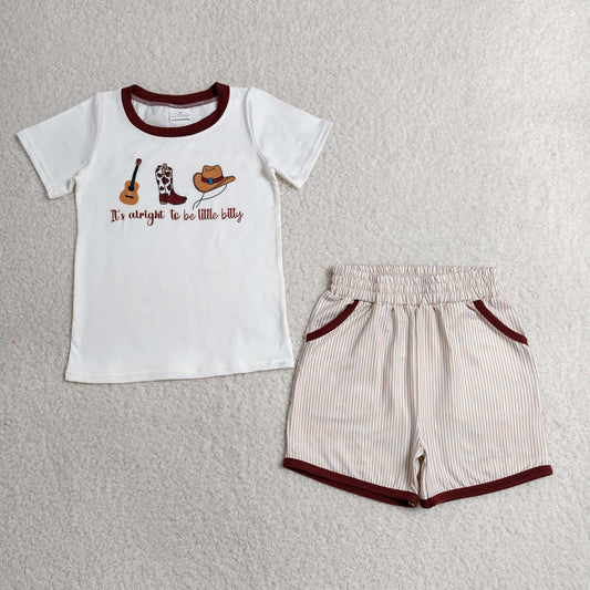 RTS NO MOQ milk silk BSSO1578 Baby Boys Boots Hat Guitar Top Stripe Pockets Shorts Western Clothes Sets