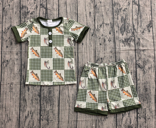 BSSO1817Baby Boys Olive Checked Fishing Button Top Shorts Hunting Pajamas Sets Preorder