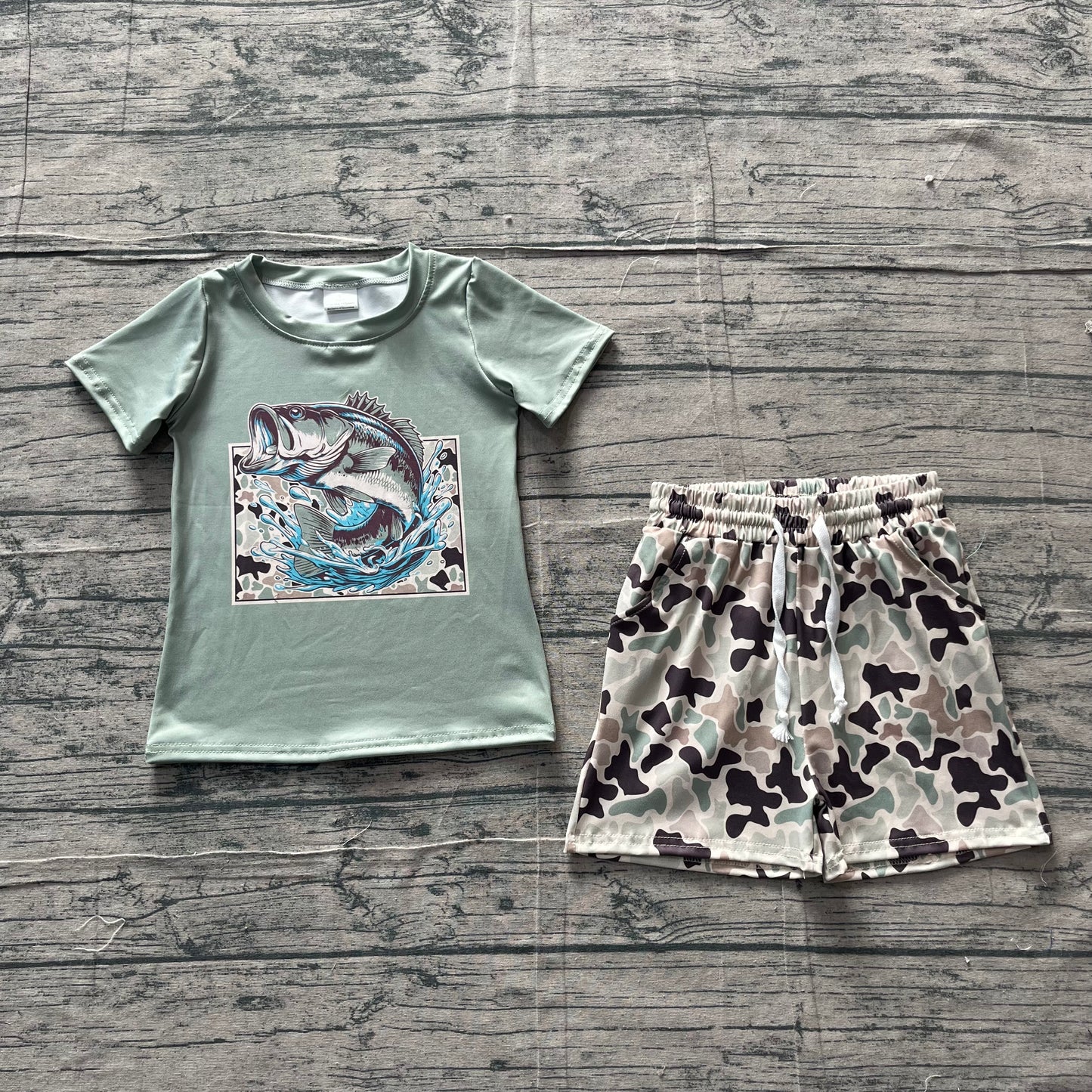 BSSO1835Baby Boys Green Camo Fishing Top Pockets Shorts Hunting Clothes Sets