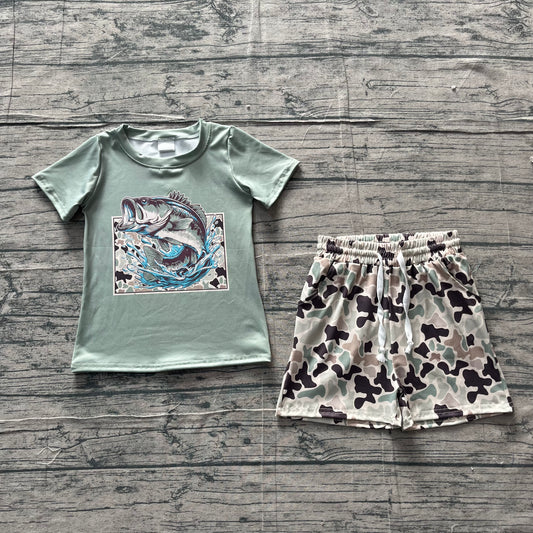 BSSO1835Baby Boys Green Camo Fishing Top Pockets Shorts Hunting Clothes Sets