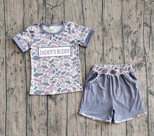 BSSO1838Embroidery Daddy's Buddy Light Grey Camo Top Pockets Shorts Clothes Sets Preorder