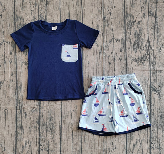 BSSO1855Sibling Baby Boys Boats Shirt Top Short Clothes Set Strap Rompers
