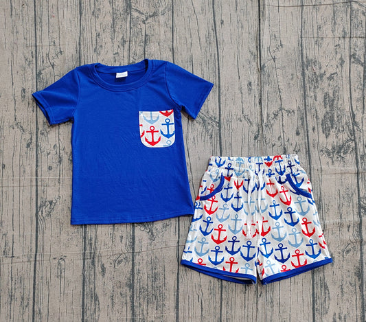BSSO1874Baby Boys Hot Blue Shirt Top Boats Fishing Pocket Shorts Clothes Sets