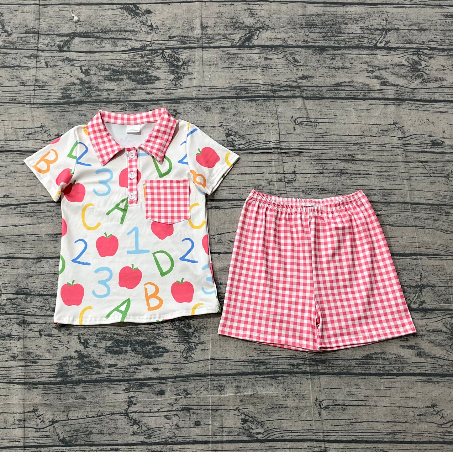 BSSO1913-SBaby Boys Apples ABC Pocket Button Top Checked Shorts Back to School Sets