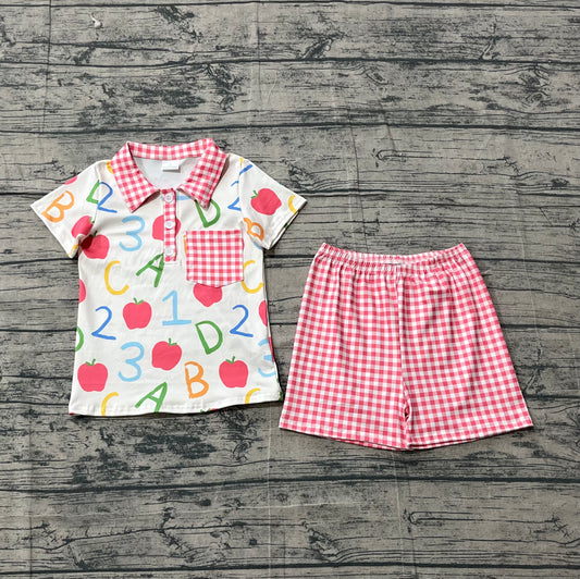 BSSO1913-SBaby Boys Apples ABC Pocket Button Top Checked Shorts Back to School Sets
