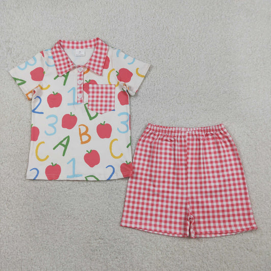 3.28 BSSO1913 Baby Boys Apples ABC Pocket Button Top Checked Shorts Back to School Sets