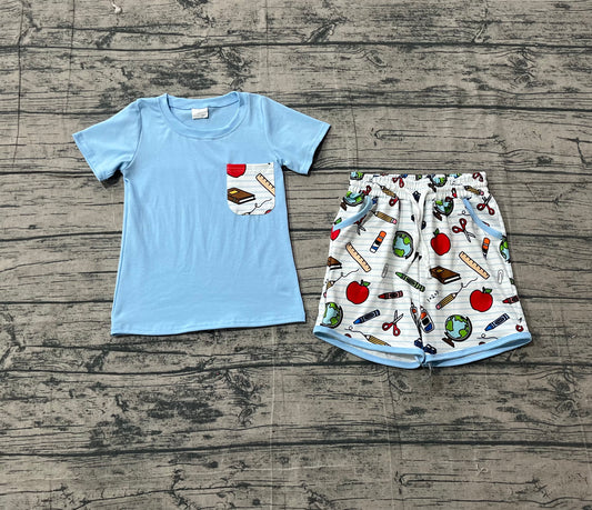 BSSO1921-SBaby Boys Apples Pencils Top Pockets Shorts Back to School Clothes Sets