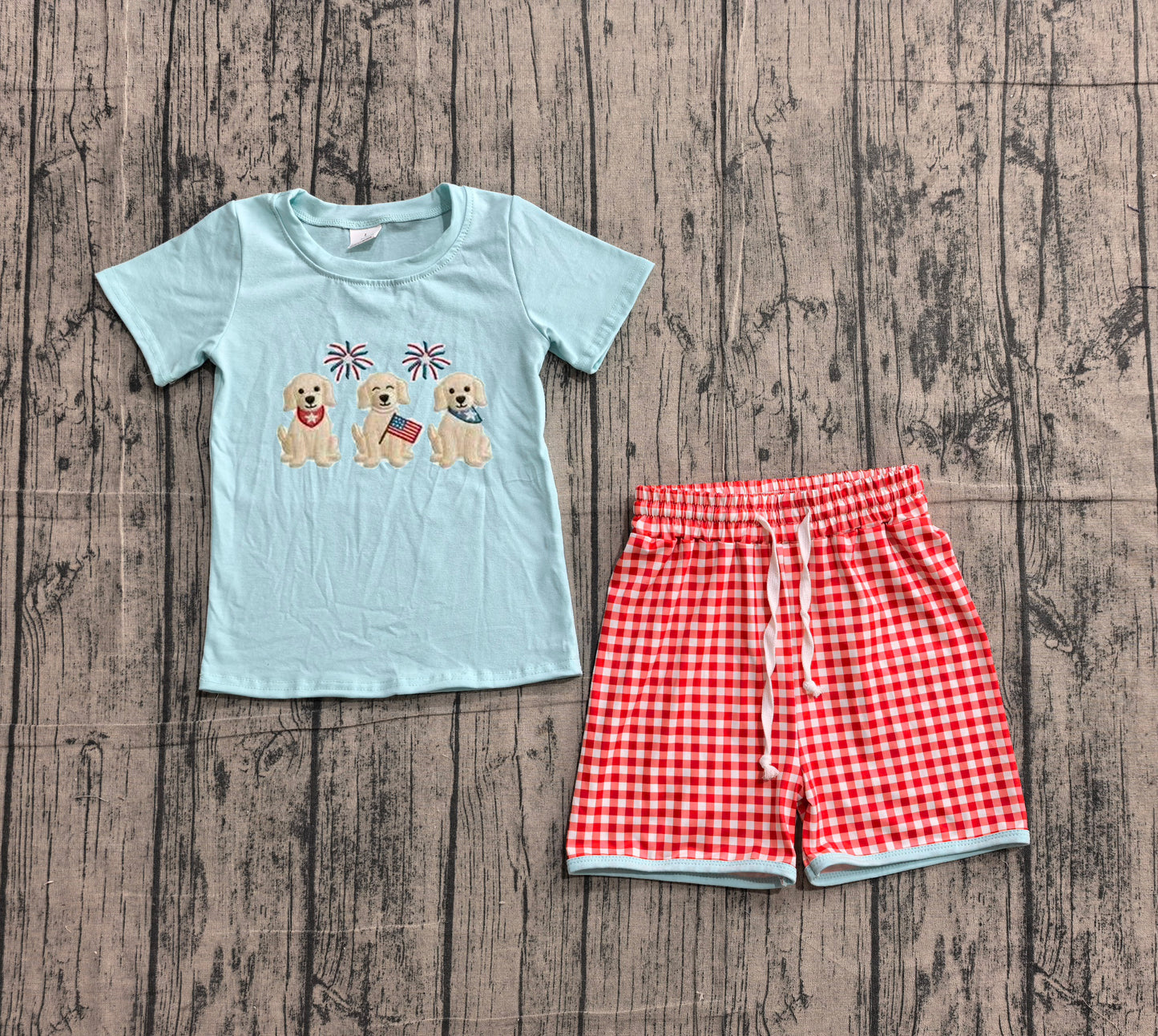 BSSO1934Embroidery Flag Dogs Baby Boys Top Checked Shorts 4th of July Clothes Sets Preorder