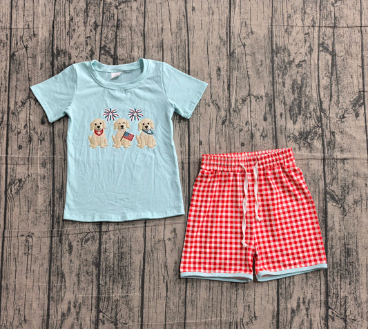 BSSO1934Embroidery Flag Dogs Baby Boys Top Checked Shorts 4th of July Clothes Sets Preorder
