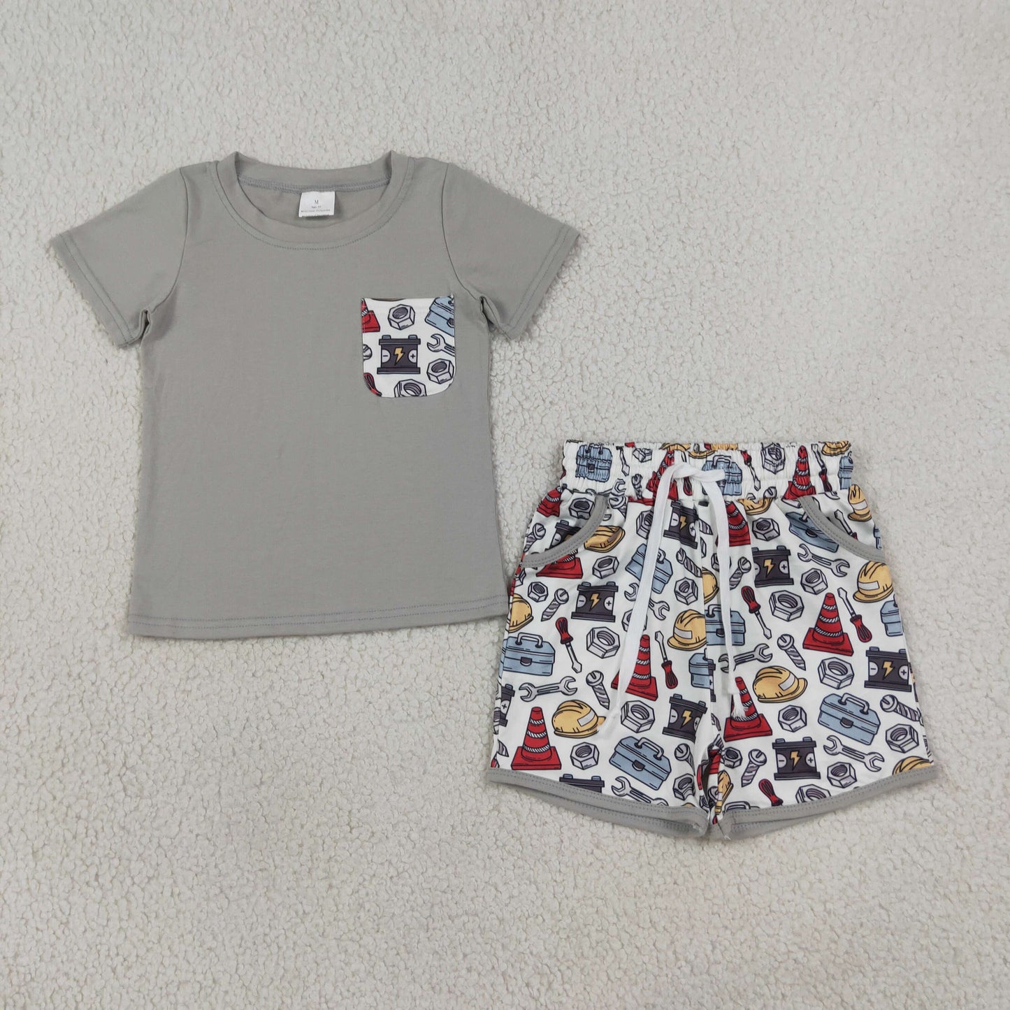 NEW RTS NO MOQ milk silk BSSO2005 Baby Boys Short Sleeve Shirt Top Tools Boxes Pockets Short Clothes Set