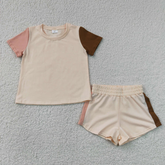 RTS NO MOQ milk silk BSSO2012 Baby Boys Pink Brown Patchwork Short Sleeve Top Short Clothes Sets