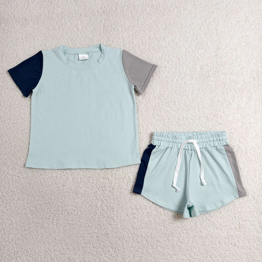 RTS NO MOQ milk silk BSSO2013 Baby Boys Short Sleeve Blue Grey Patchwork Shirt Top Short Clothes Set