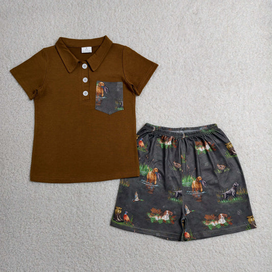 RTS NO MOQ milk silk BSSO2014 Baby Boys Button Pocket Polo Shirt Top Duck Dogs Short Hunting Clothes Set