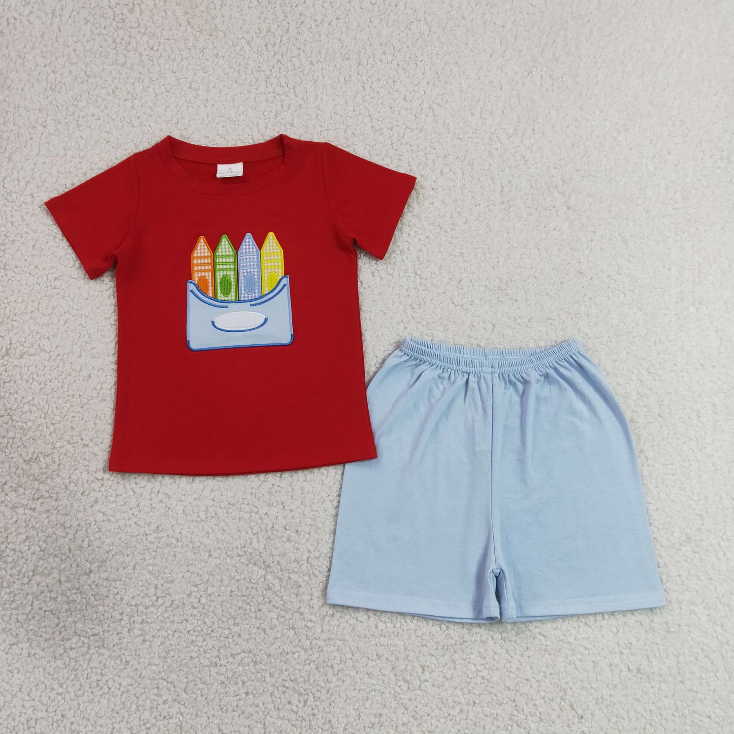 RTS NO MOQ milk silk BSSO2023 Embroidery Pencils Baby Boys Shirt Top Short Back to School Clothes Set