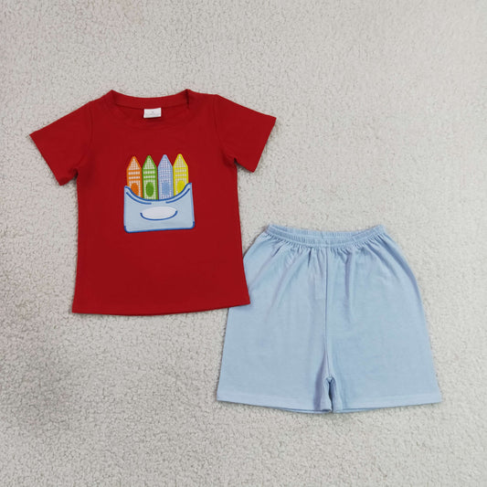 RTS NO MOQ milk silk BSSO2023 Embroidery Pencils Baby Boys Shirt Top Short Back to School Clothes Set