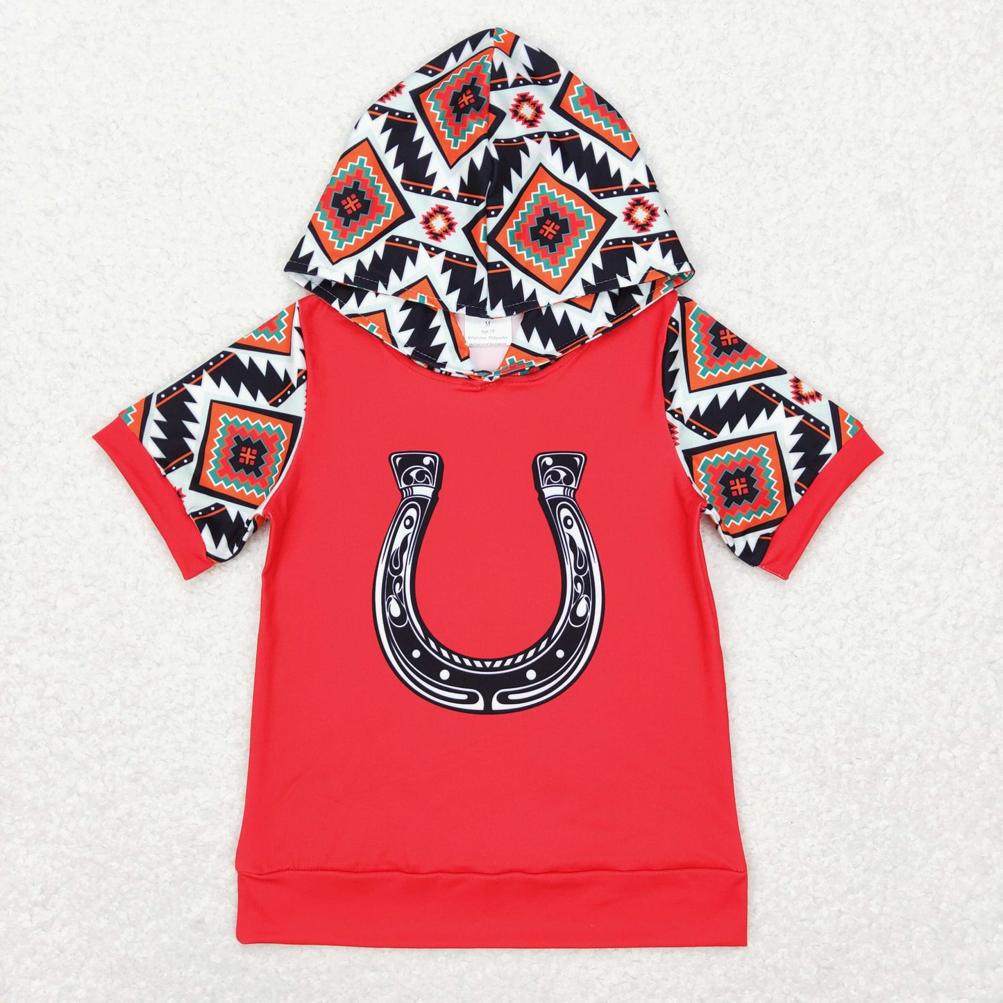 BT0459 Geometric red hooded short-sleeved top