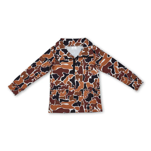 RTS NO MOQ Sibling milk silk Baby Boys Southern Dark Khaki Camo Zipper Pullovers Top