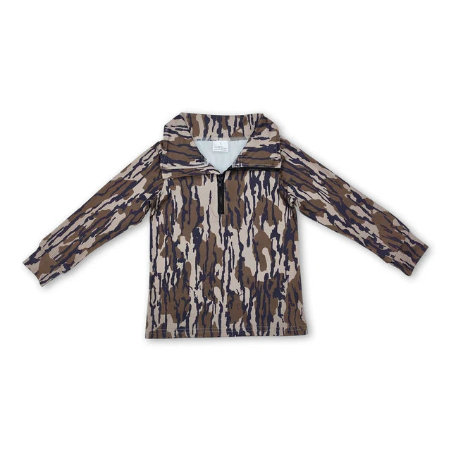 RTS NO MOQ Sibling milk silk Baby Boys Southern Dark Khaki Camo Zipper Pullovers Top