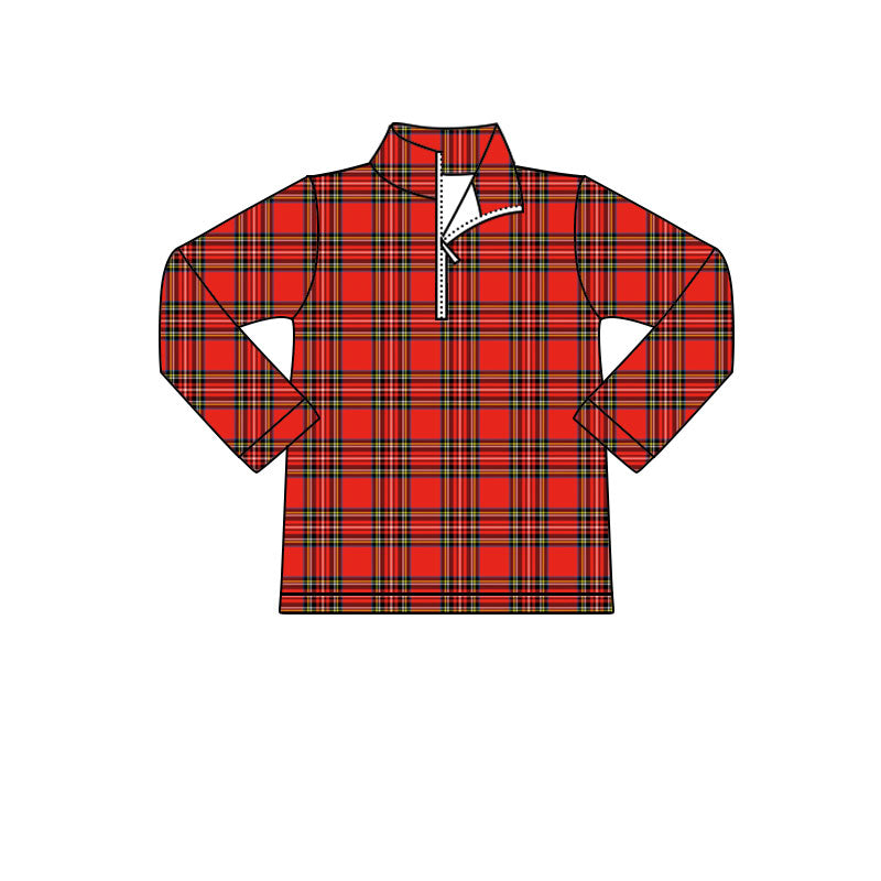 X906 BT1350 Red Plaid Zippered Long-Sleeved Top
