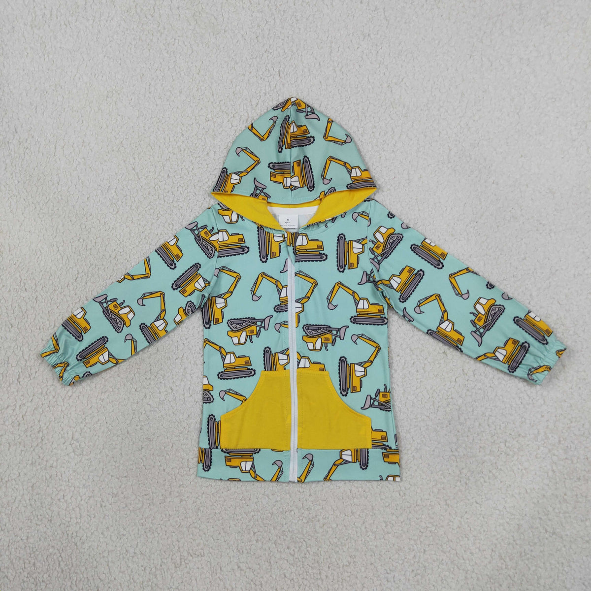 NEW RTS NO MOQ milk silk BT1378 Baby Boys Long Sleeve Excavators Pocket Zip Hoodies Jackets Top