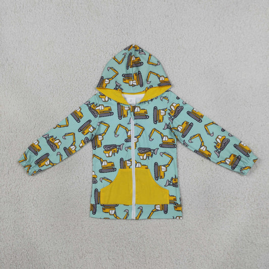 NEW RTS NO MOQ milk silk BT1378 Baby Boys Long Sleeve Excavators Pocket Zip Hoodies Jackets Top