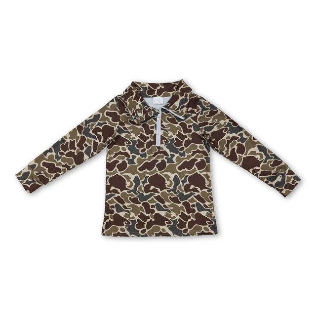 RTS NO MOQ Sibling milk silk Baby Boys Southern Dark Khaki Camo Zipper Pullovers Top