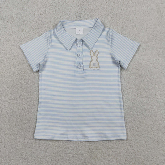 3.30 BT1708 Embroidery Rabbit Baby Boys Light Blue Stripe Easter Button Polo Shirts Top