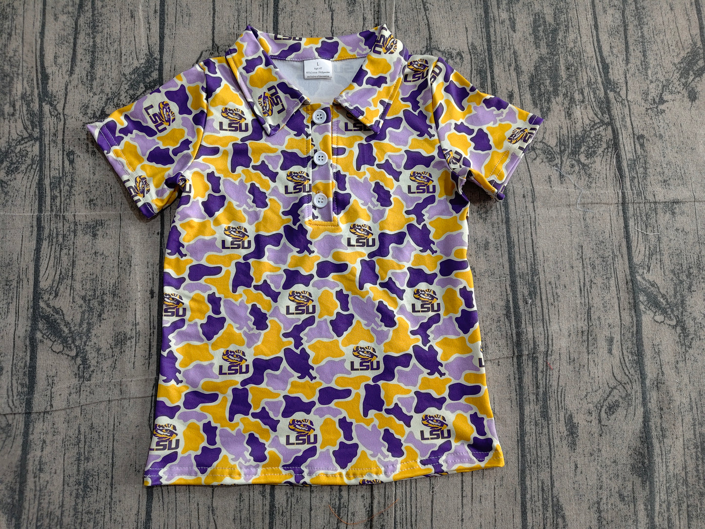 BT1744Baby Boys Purple Yellow Camo LSU Tigers Team Button Polo Shirt Top