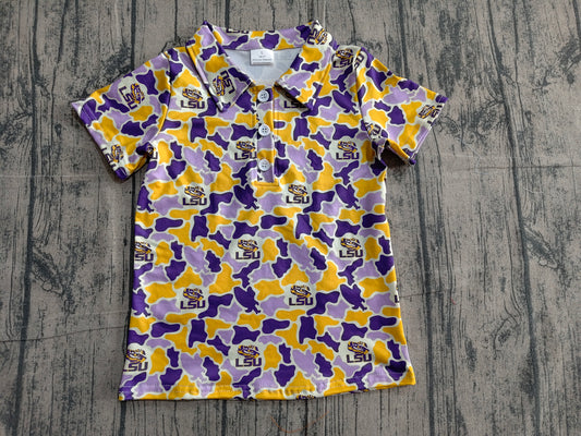 BT1744Baby Boys Purple Yellow Camo LSU Tigers Team Button Polo Shirt Top