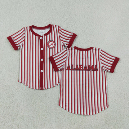 NEW RTS NO MOQ milk silk BT1746 Baby Boys Red Stripe Team Print Button Short Sleeve T Shirt Top