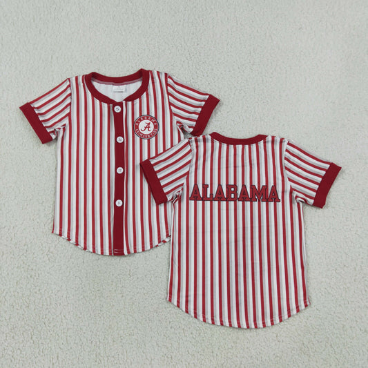 NEW RTS NO MOQ milk silk BT1746 Baby Boys Red Stripe Team Print Button Short Sleeve T Shirt Top