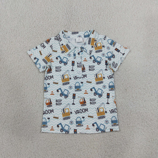NEW RTS NO MOQ milk silk BT1793 Baby Boys Short Sleeve Excavators Tractors Button Polo Shirts Top