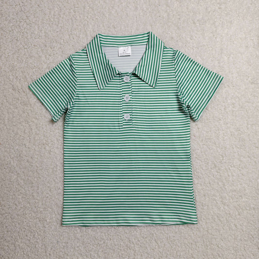 RTS NO MOQ milk silk BT1832 Baby Boys Short Sleeve Green Stripe Button Polo Shirts Top