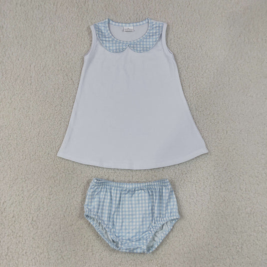 NEW RTS NO MOQ milk silk（BT1847+SS0964） Baby Light Blue Plaid Sleeveless Tunic Bummies Outfit