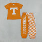 NEW RTS No moq Vinyl BSPO0695（BT1881+P1058） Baby Boys Orange Print T Shirt Top With Pockets Matching Joggers Two Piece Team Clothes Set