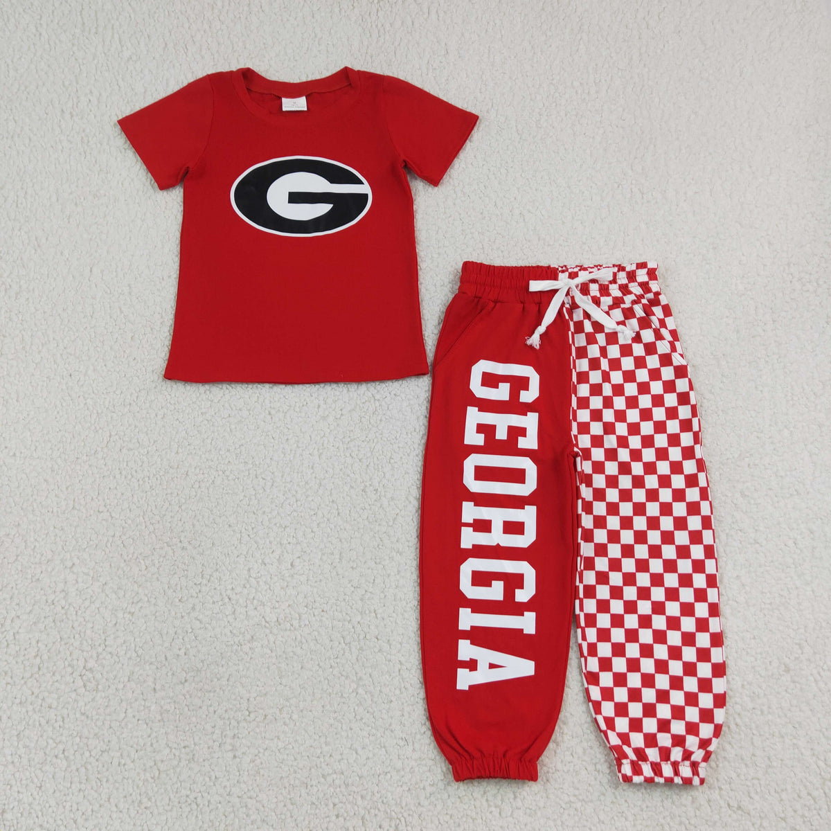 NEW RTS No moq Vinyl BSPO0700（BT1886+P1063）Baby Boys Red Vinyl Georgia Shirt Top Pockets Joggers Team Clothes Sets