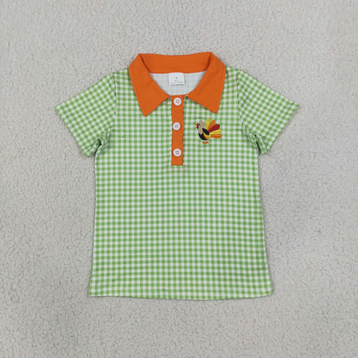 NEW RTS NO MOQ milk silk BT1889 Embroidery Turkey Baby Boys Green Checked Thanksgivings Polo Button Shirts Top