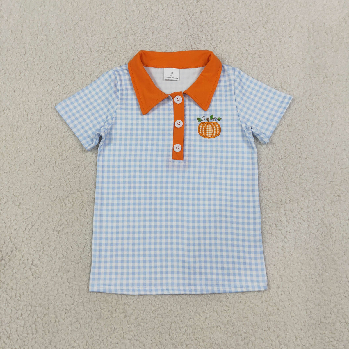 NEW RTS NO MOQ milk silk BT1891 Embroidery Pumpkin Baby Boys Blue Checked Fall Button Polo Shirts Top Regular price$7.50 USD