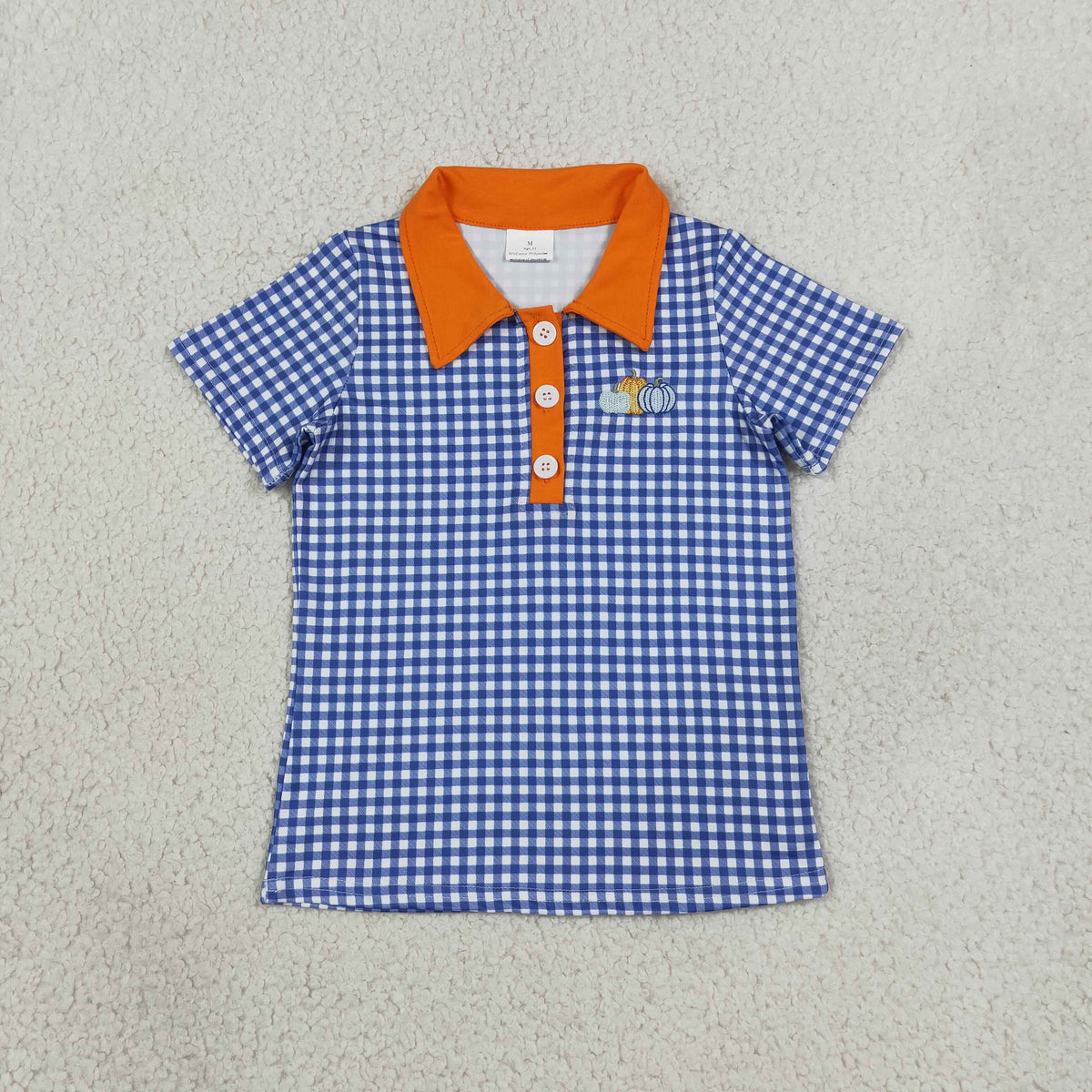 NEW RTS NO MOQ milk silk BT1892 Embroidery Pumpkins Baby Boys Hot Blue Checked Fall Button Polo Shirts Top