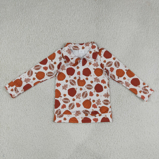 NEW RTS NO MOQ milk silk BT1894 Baby Boys Long Sleeve Pumpkins Footballs Fall Zip Pullovers Top