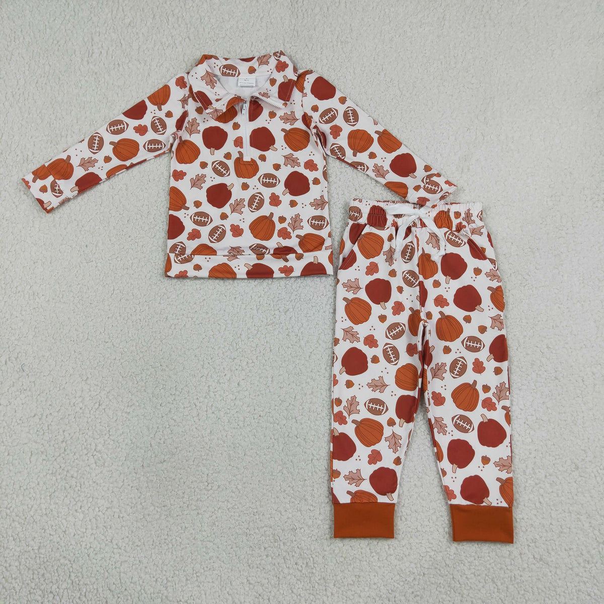 NEW RTS NO MOQ milk silk BT1894+P1197 Baby Boys Long Sleeve Pumpkins Footballs Fall Zip Pullovers pants sets
