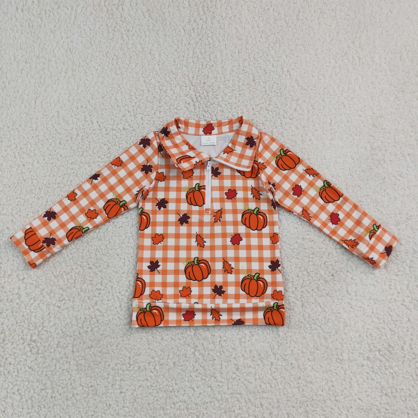 NEW RTS NO MOQ milk silk BT1895 Baby Boys Long Sleeve Leaves Pumpkins Checked Fall Zip Pullovers Top
