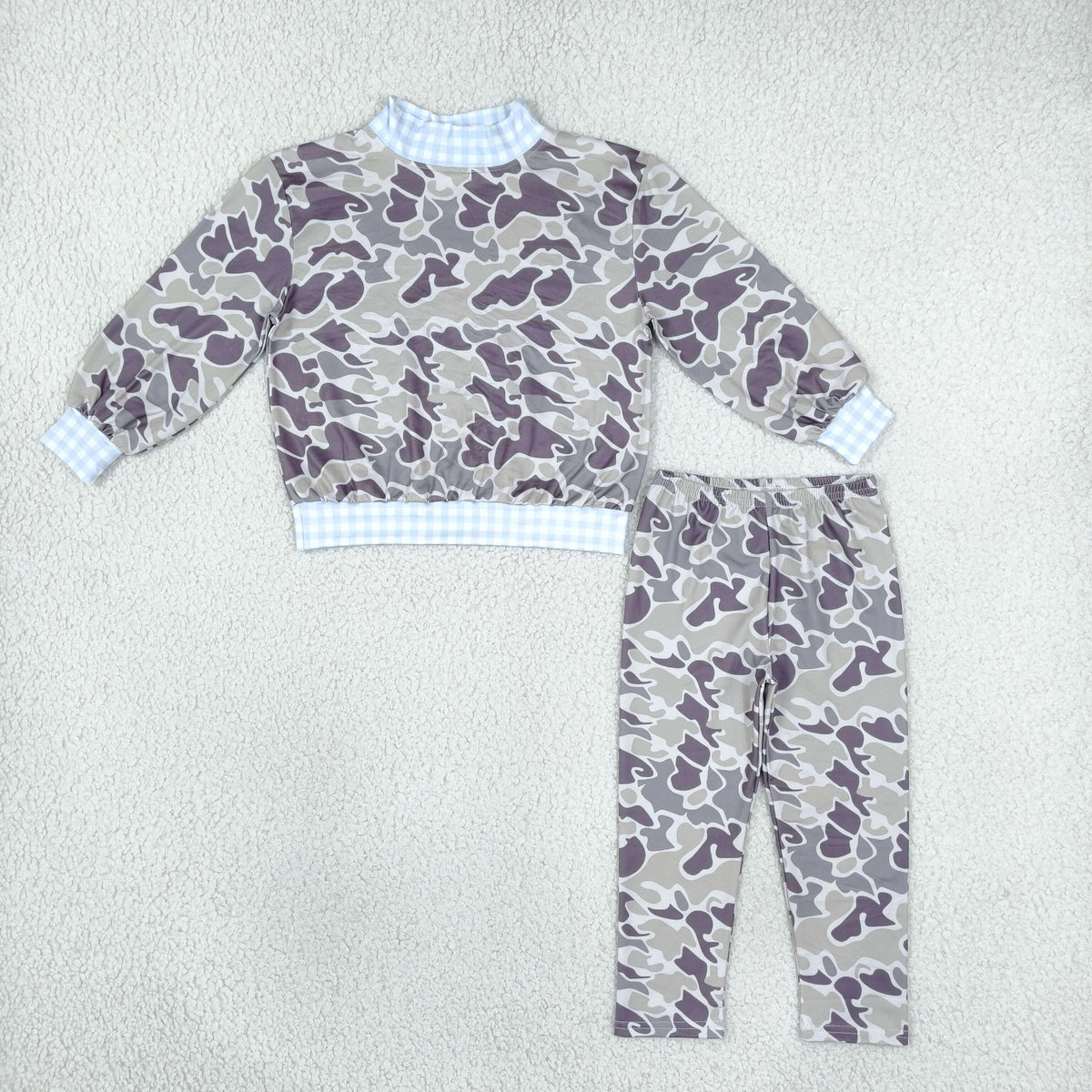 NEW RTS NO MOQ milk silk BLP1567（BT1922+P1191）High Neck Baby Boys Grey Camo Print Top And Leggings Pant Casual Set